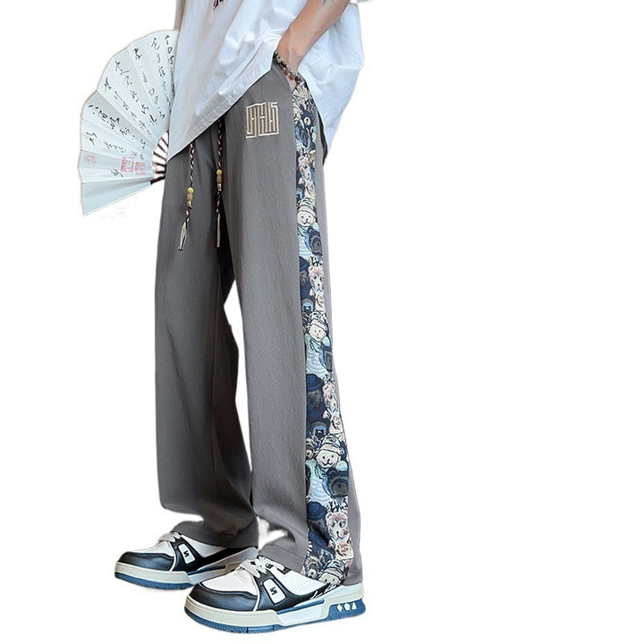 Pantalones casuales de seda de hielo de verano para hombre: finos, holgados, de pierna recta y con parches bordados, pantalones largos versátiles para parejas.