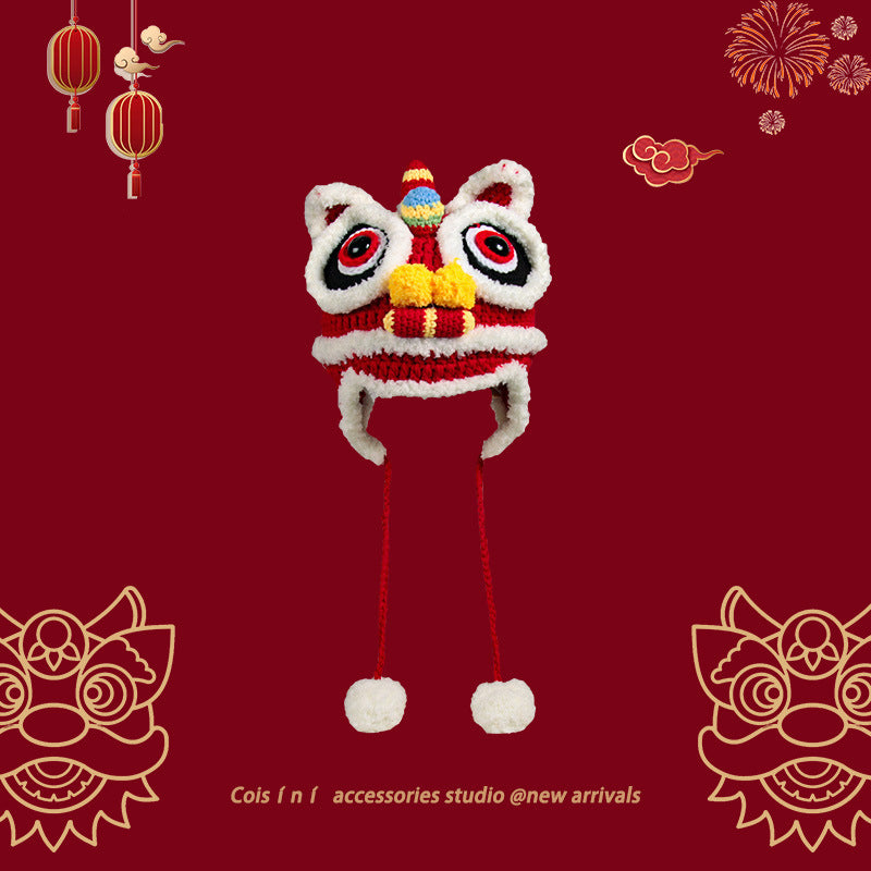 2024 Year of the Dragon Red Chinese Knit Tiger and Dragon Head Hat – Baby's Festive New Year Lion Head Hood