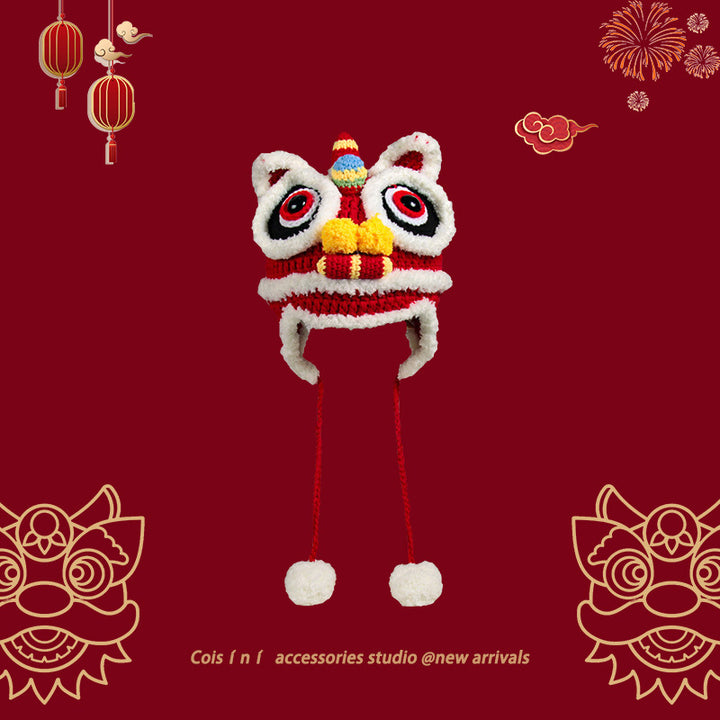 2024 Year of the Dragon Red Chinese Knit Tiger and Dragon Head Hat – Baby's Festive New Year Lion Head Hood