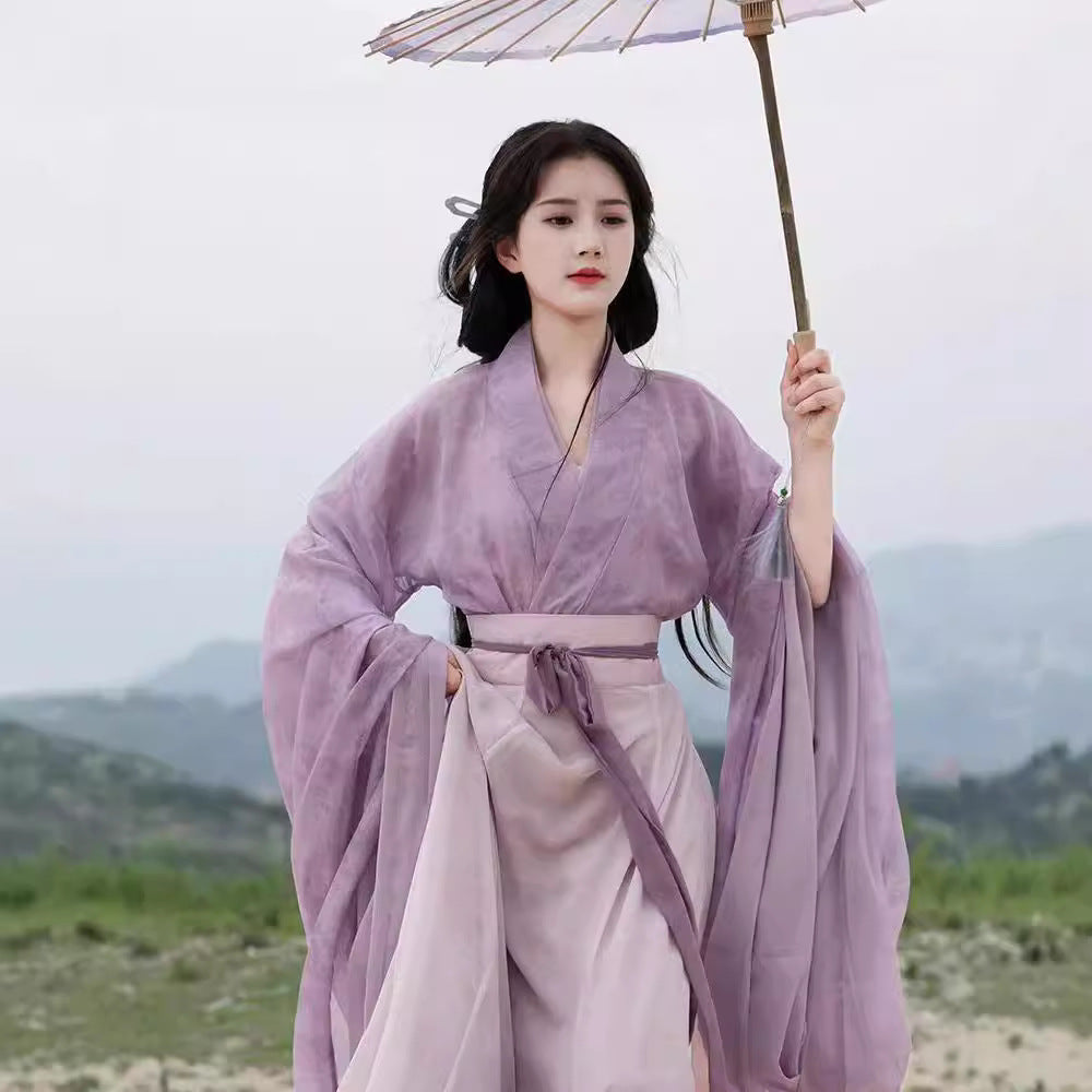 Banxia auténtico estilo Wei y Jin adulto Hanfu estudiante mujer estampado cuello cruzado mangas anchas estilo chino ocho falda rota antiguo traje diario