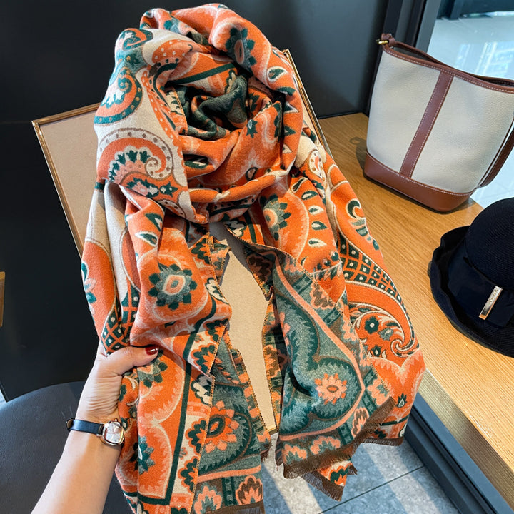 Chal naranja estilo chino retro con estampado de cachemira: bufanda cálida multifuncional para otoño/invierno
