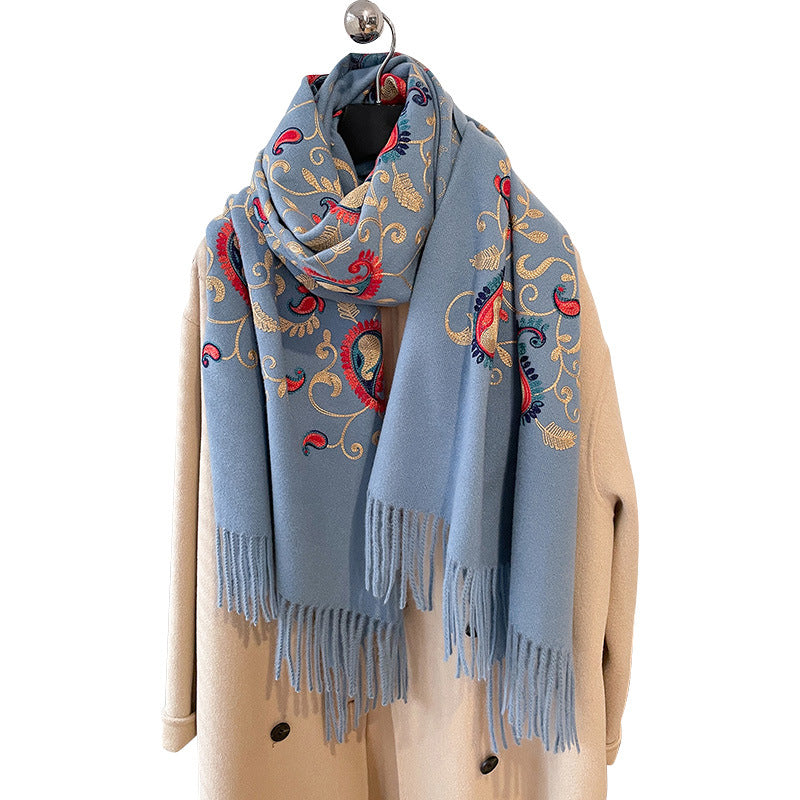 Bufanda cálida de cachemira sintética para mujer, estilo étnico, bordada con flores de cintura y enredadera, para otoño/invierno. Chal de viaje.