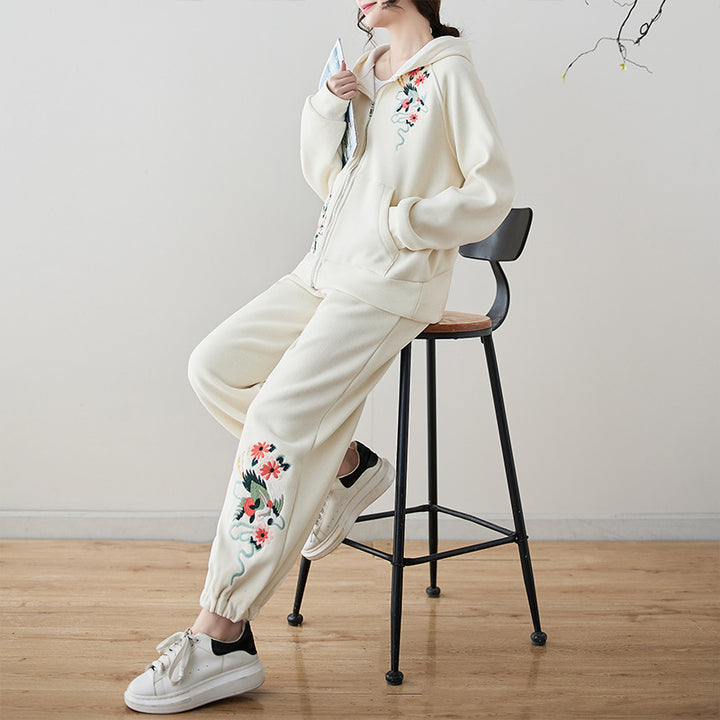 Conjunto étnico invernal de talla grande, de alta calidad y antiedad: sudadera bordada de tendencia nacional y pantalones largos holgados.