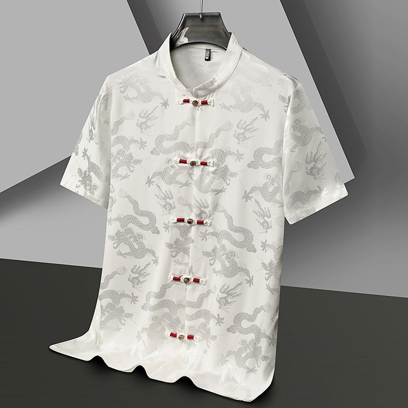 Camiseta de manga corta de alta calidad de seda de hielo de dragón, camisa de estilo chino para hombre
