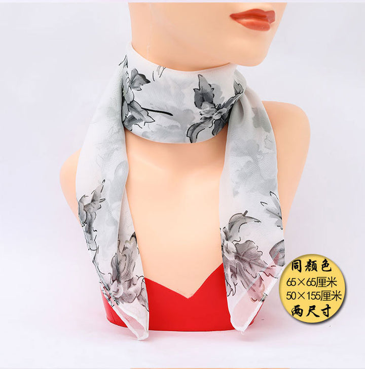 Pañuelo cuadrado pequeño estilo chino: versátil pañuelo de seda estampado para mujer, pañuelo para la cabeza, elegante pañuelo para el cuello, venta directa al por mayor.