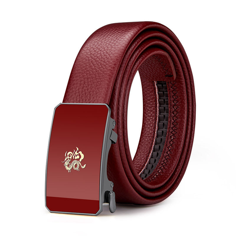 Cinturón de cuero para hombre Paul – Año del Dragón, hebilla automática del zodiaco, cuero genuino, color rojo, nuevo estilo 2024, regalo de boda, venta al por mayor