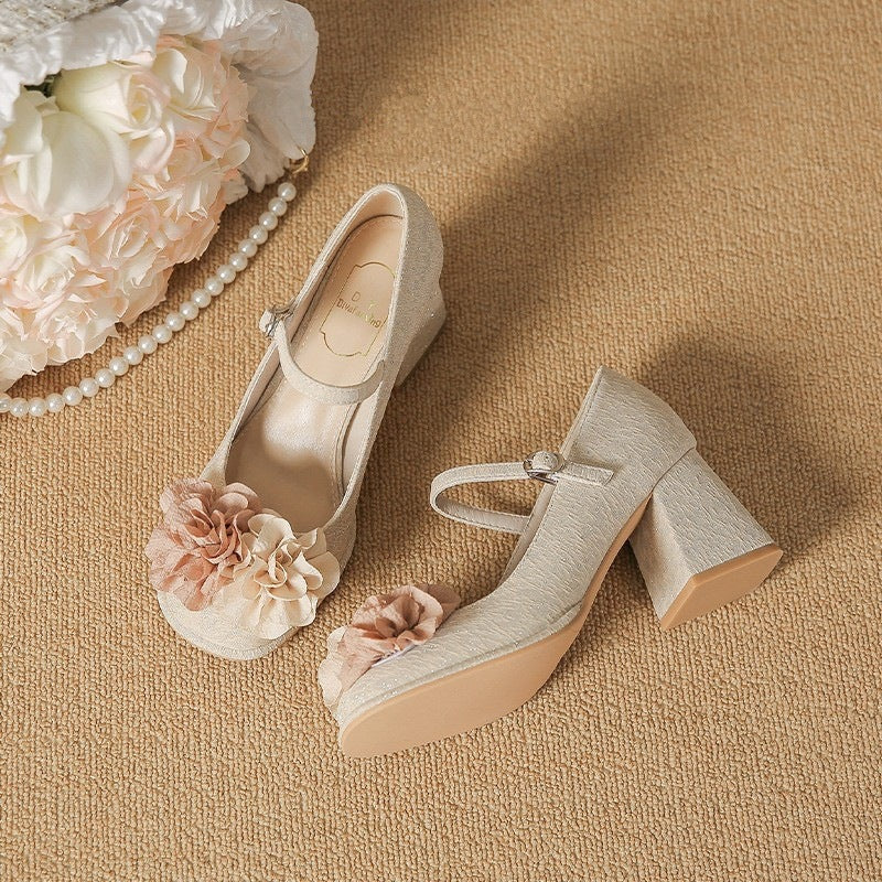 Zapatos Mary Jane para mujer 2025, nuevos zapatos de estilo chino, sandalias de punta redonda con una sola tira para mujer, tacones gruesos, tacones altos de boca baja para mujer