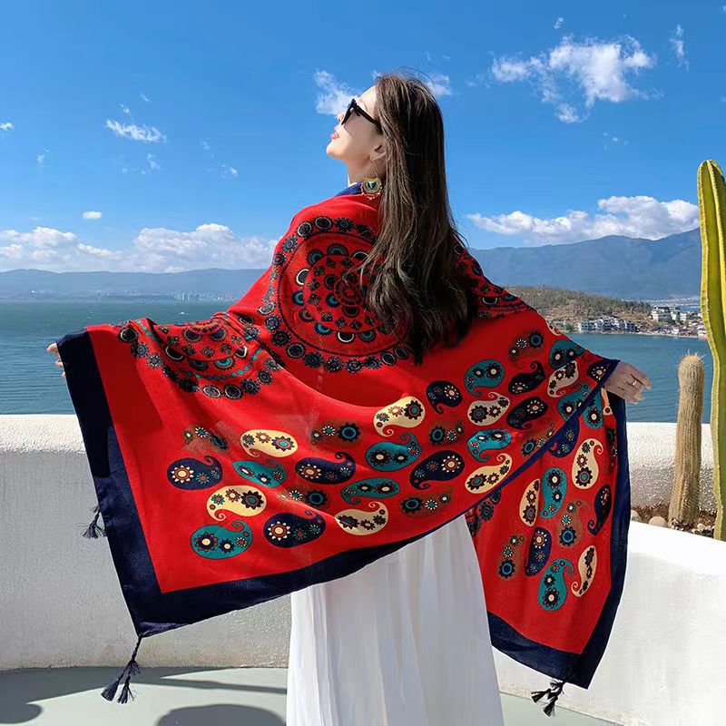 Chal para fotografía de viajes del desierto del lago salado del Tíbet, estilo étnico, con protección solar, de sarga de algodón con borlas, pañuelo de seda extragrande.