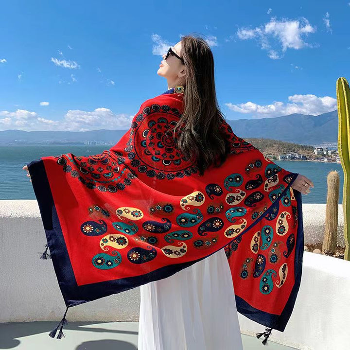 Chal para fotografía de viajes del desierto del lago salado del Tíbet, estilo étnico, con protección solar, de sarga de algodón con borlas, pañuelo de seda extragrande.