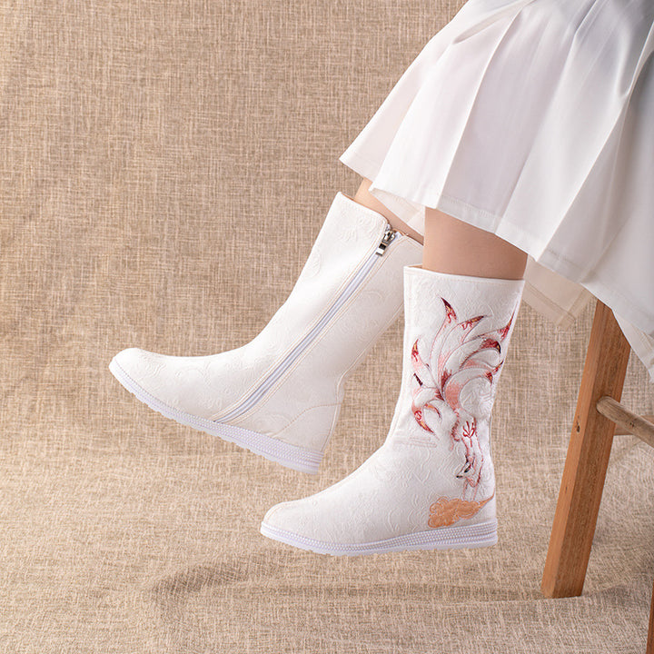Jiuwei, nuevas botas bordadas de estilo étnico de tubo largo para otoño e invierno, botas Hanfu bordadas retro, botas bordadas de tubo largo para mujer