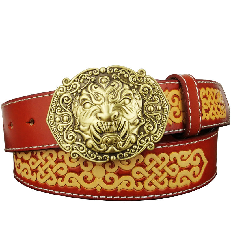 Mighty Sky Devouring Beast Belt – Genuine Leather with Solid Copper Smooth Buckle, Ethnic Style Casual Fashion Belt for Men