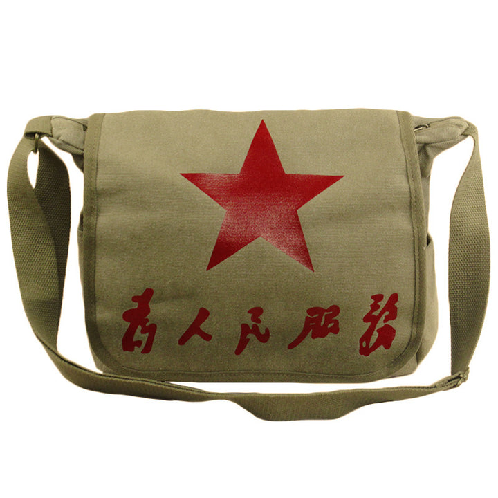 Vintage Mao Zedong "Serve the People" Red Army Bag, Lei Feng Canvas Five-Pointed Star Crossbody Bag, Red Star Shoulder Bag, Green Retro Style