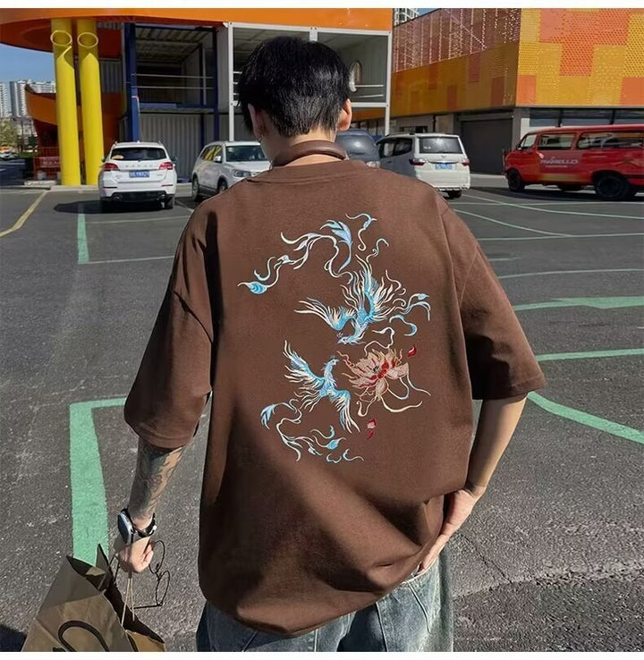 国潮中国风衣服白色纯棉短袖T恤男士宽松大码凤凰潮牌重磅半袖夏