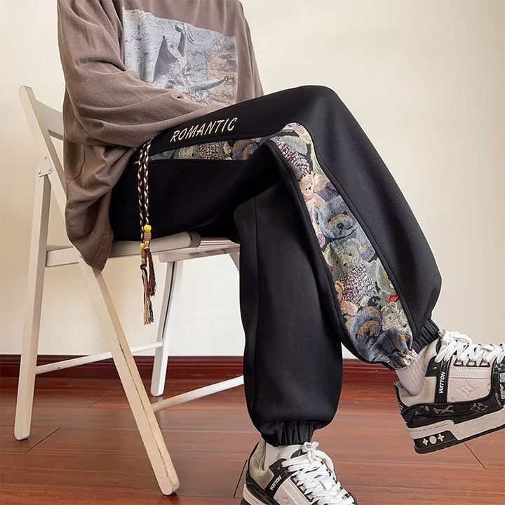 Chinese-Style Bear Embroidery Cuffed Sweatpants for Men | 2023 New Autumn/Winter National Trend Casual Sports Pants