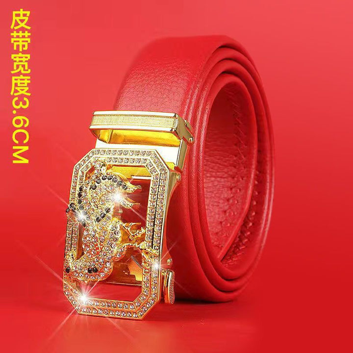Cinturón del Zodiaco para Hombre: Piel Genuina, Hebilla Automática, Cinturón Rojo para el Año del Zodiaco, Ropa de Negocios e Informal, Regalo de Boda Perfecto