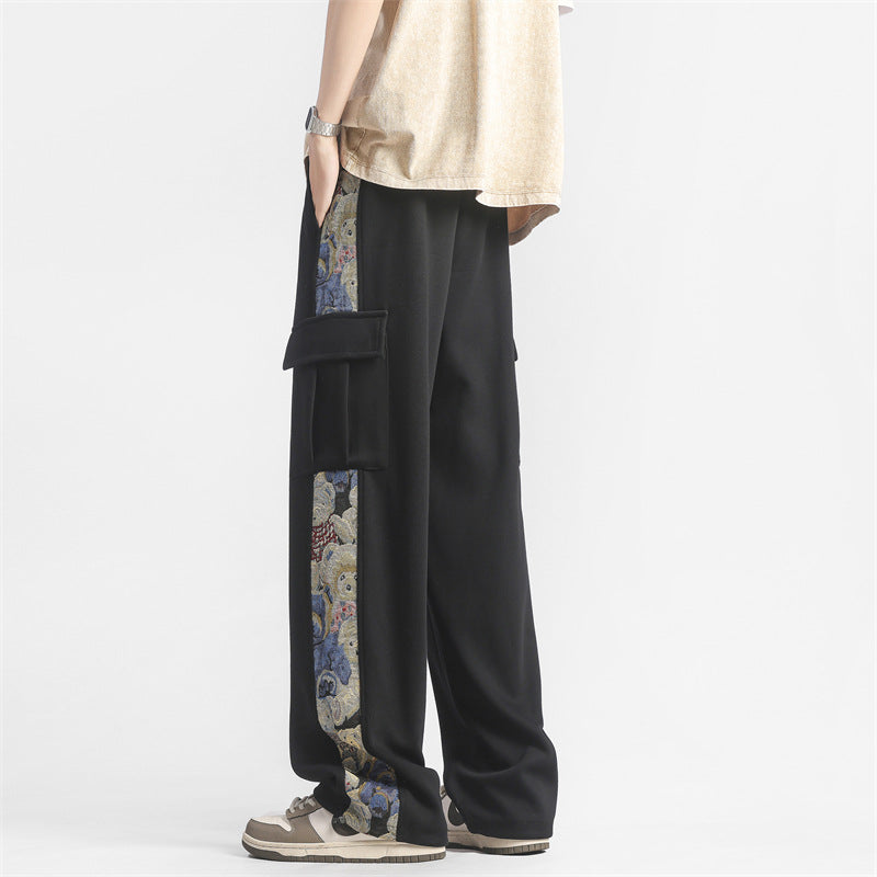 Nuevo estilo de verano para hombre XXBRO: tendencia nacional, nuevo estilo chino, estampado de osito, pantalones casuales de seda helada, pantalones rectos de trabajo.