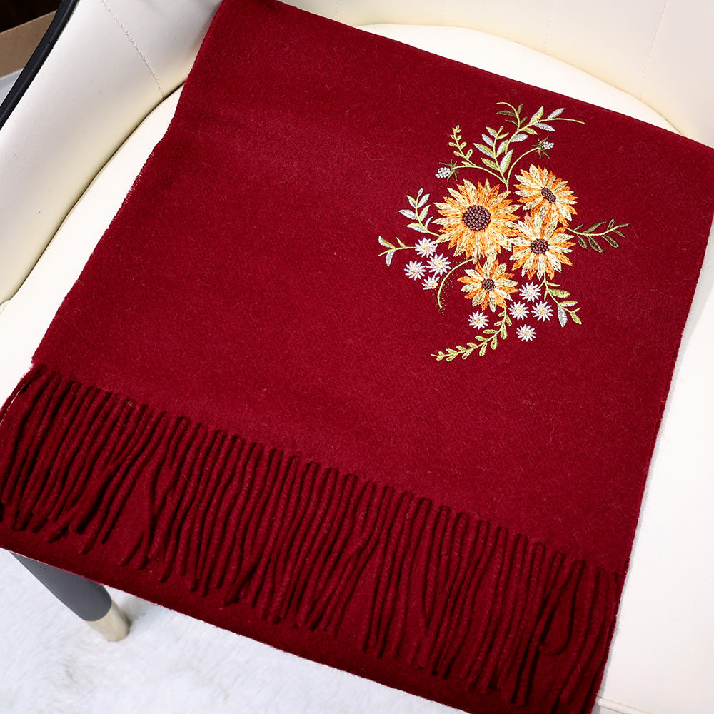 Multiple Styles of National Trend Embroidered Merino Wool Scarves for Women – Red Dragon Year Gift, Autumn and Winter Warmth, Neck Wrap for Mom