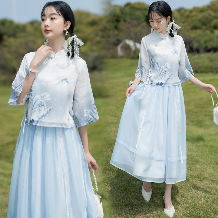 Original new Qingluo new Chinese Zen tea dress fairy girl cheongsam two-piece skirt improved Hanfu summer