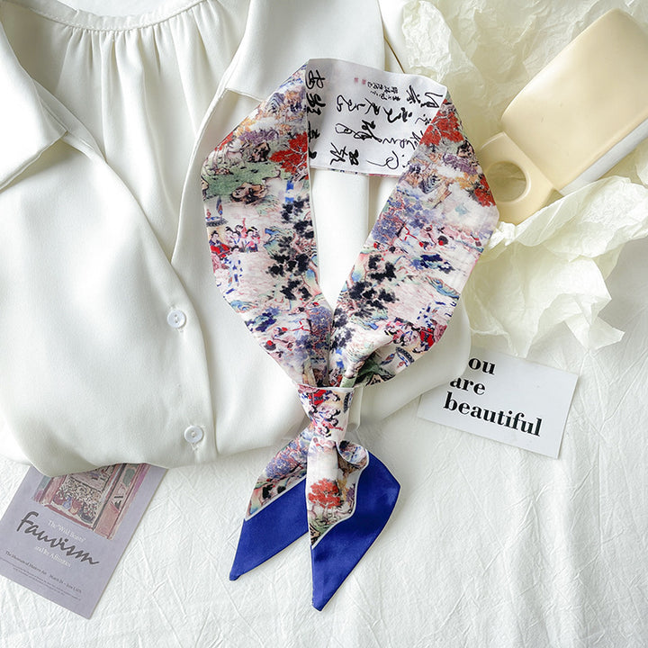 Chinese-Style Oil Painting Small Silk Scarf – Decorative Long Tie Scarf, Headband, and Butterfly Knot for Bags and Hair
