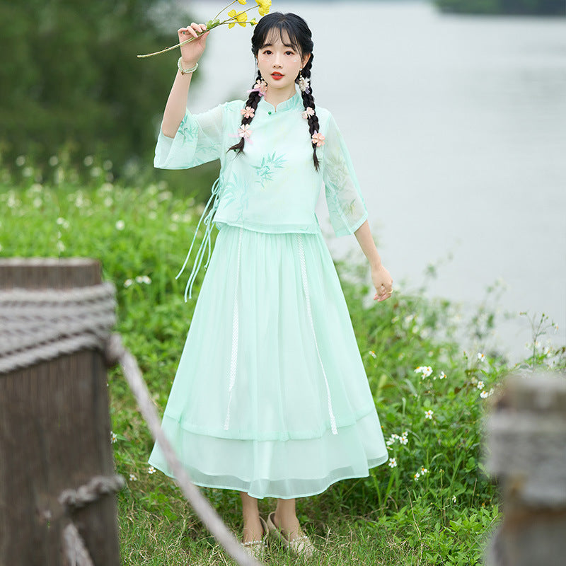 Original new Qingluo new Chinese Zen tea dress fairy girl cheongsam two-piece skirt improved Hanfu summer
