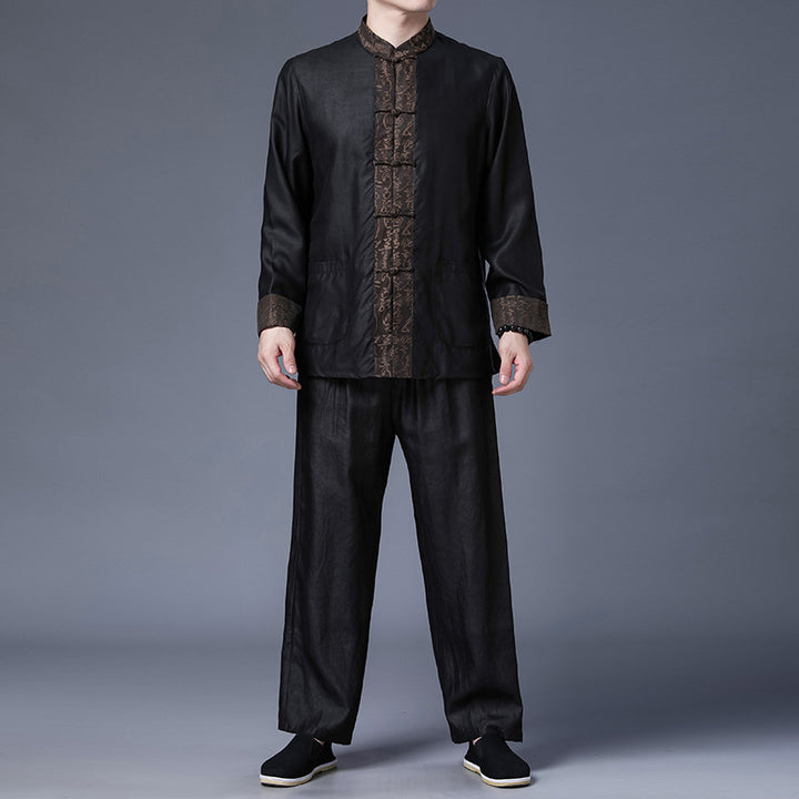 Chaqueta de seda Xiangyun Tang para hombre | Chaqueta tradicional china de manga larga para primavera y otoño | Prendas de abrigo de seda de estilo chino de mediana edad