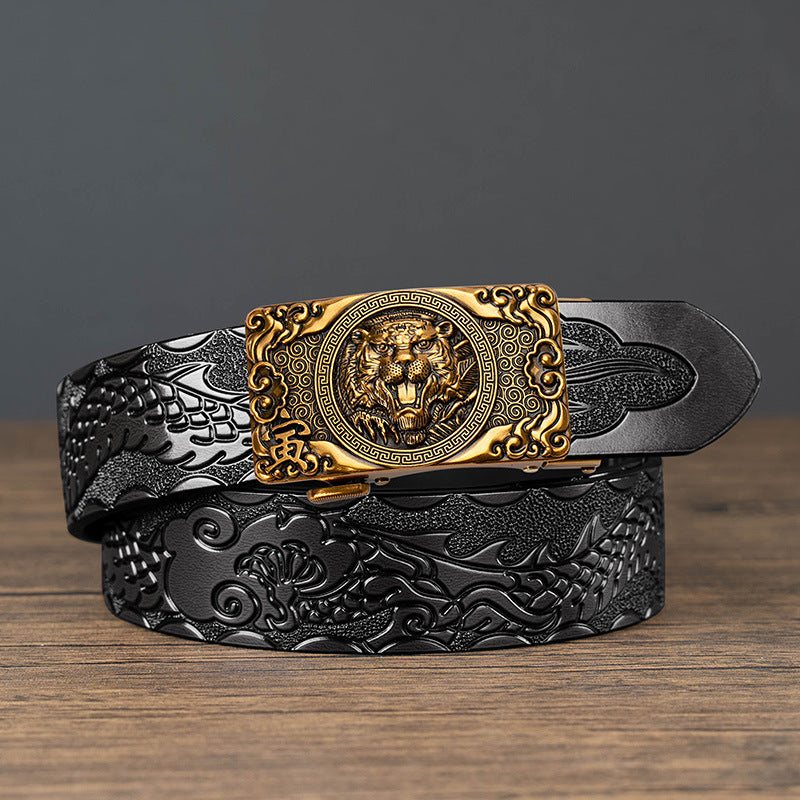 Nueva oferta: Cinturón con hebilla automática del zodiaco y grabado de dragón, de piel de vacuno de doble capa, moderno, informal y con un diseño atrevido.