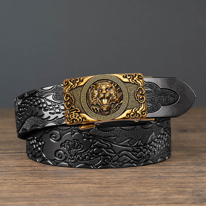 Nueva oferta: Cinturón con hebilla automática del zodiaco y grabado de dragón, de piel de vacuno de doble capa, moderno, informal y con un diseño atrevido.