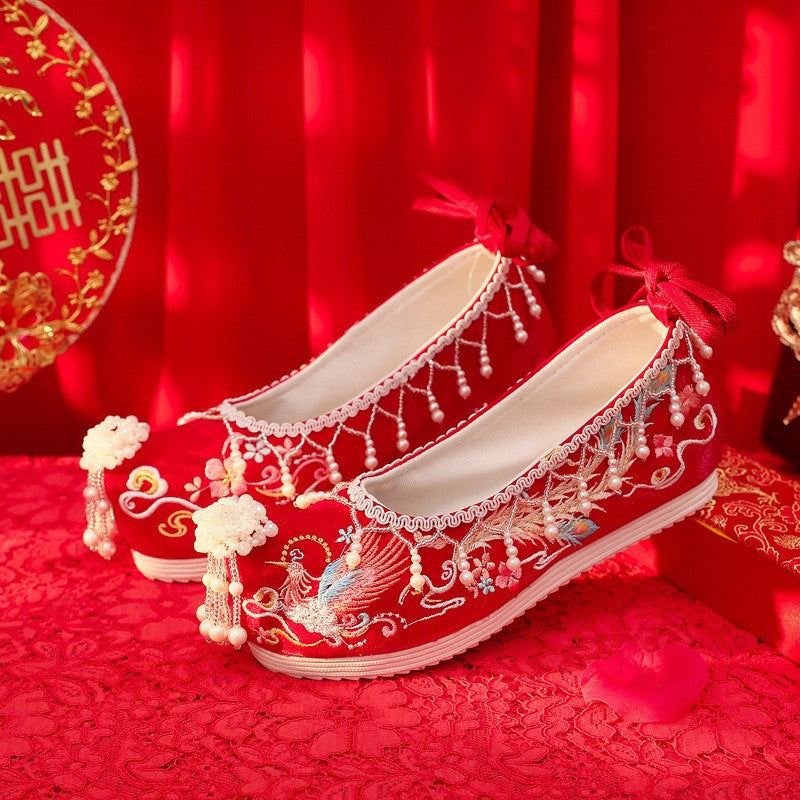 2024 Spring New Beaded Xiuhe Wedding Shoes – Tassel Embroidered Ancient Style Hanfu Bridal Shoes