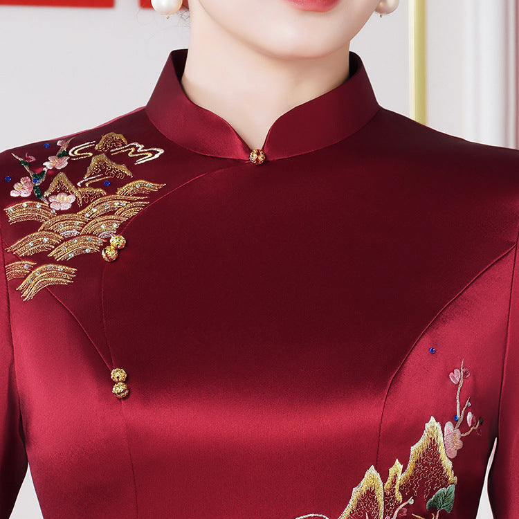 Vestido cheongsam de acetato de alta gama para invitadas de boda (colección primavera/otoño)