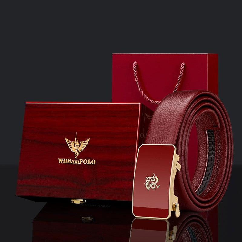 Cinturón de cuero para hombre Paul – Año del Dragón, hebilla automática del zodiaco, cuero genuino, color rojo, nuevo estilo 2024, regalo de boda, venta al por mayor