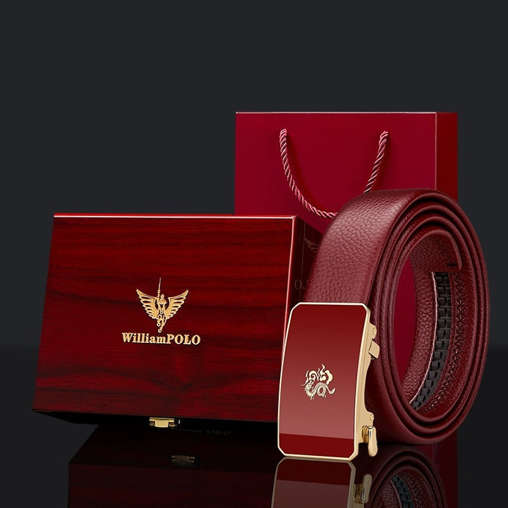 Cinturón de cuero para hombre Paul – Año del Dragón, hebilla automática del zodiaco, cuero genuino, color rojo, nuevo estilo 2024, regalo de boda, venta al por mayor