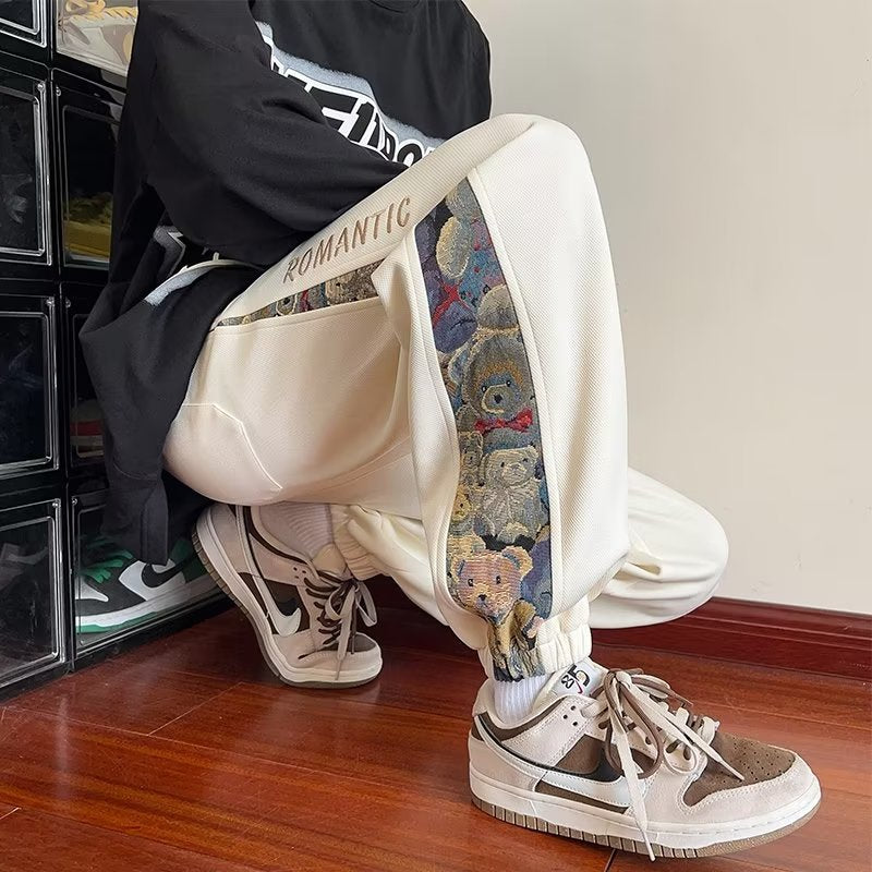 Chinese-Style Bear Embroidery Cuffed Sweatpants for Men | 2023 New Autumn/Winter National Trend Casual Sports Pants