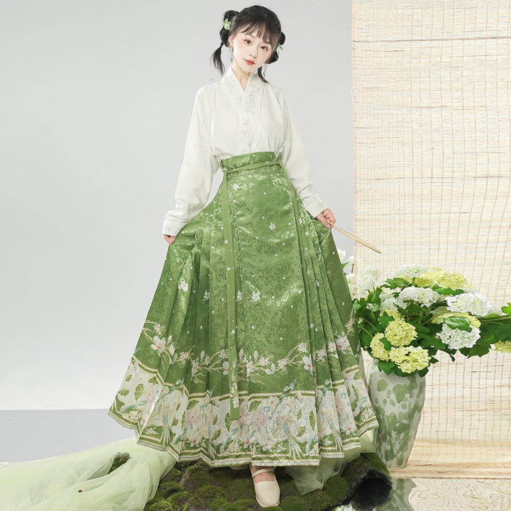 Traje de falda con cara de caballo estilo chino con mangas de avión y cuello cruzado bordado de la dinastía Ming para mujer de Hanfu original, ajustado para uso diario