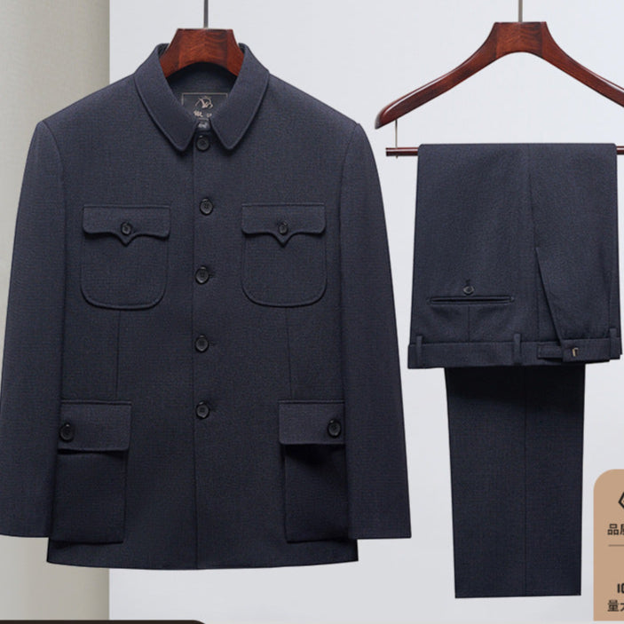 Traje Zhongshan de alta gama para hombres de mediana edad y mayores, traje de otoño e invierno engrosado más traje Zhongshan de terciopelo para papá, abrigo de abuelo anciano