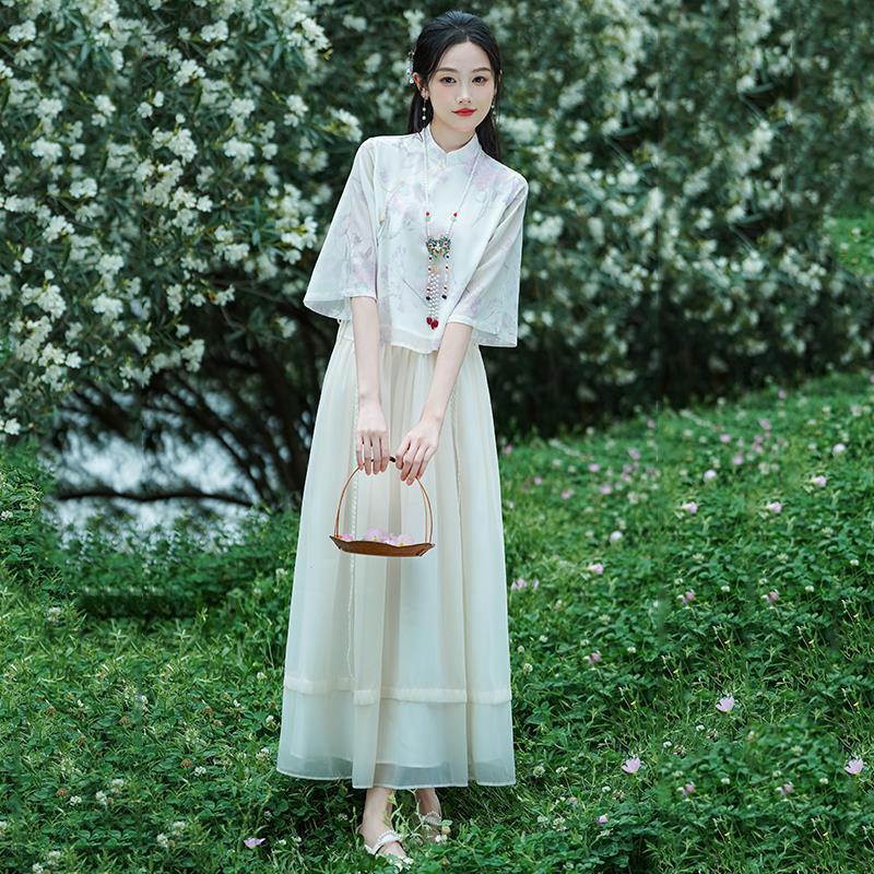 Original new Qingluo new Chinese Zen tea dress fairy girl cheongsam two-piece skirt improved Hanfu summer