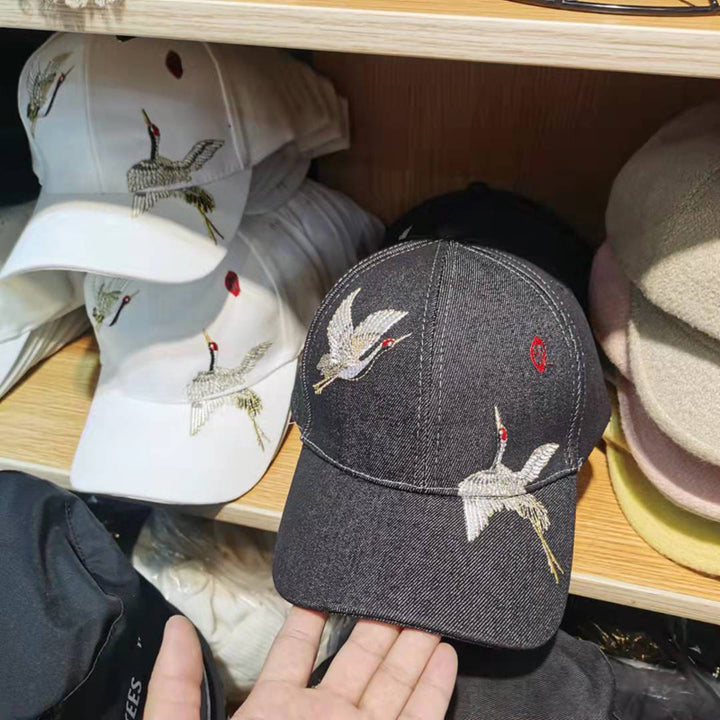 Gorra de béisbol bordada estilo chino para mujer, diseño de grulla, unisex, con visera curva.
