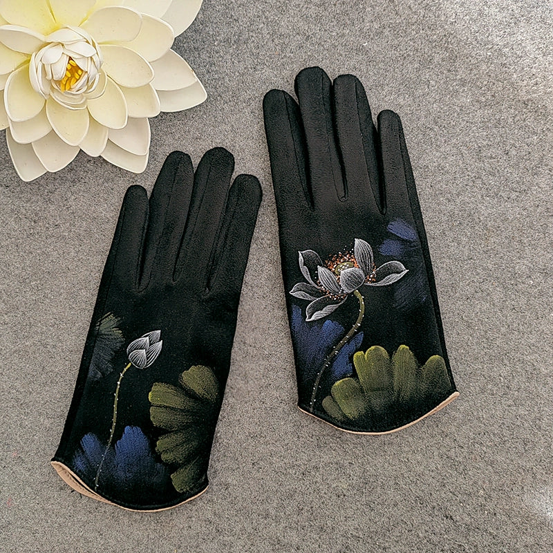 Qingcheng Original Hand-Painted Deerskin Velvet Lined Fingerless Warm Gloves, Autumn and Winter Artistic Collegiate Style, Chinese Style, Full-Finger Gloves
