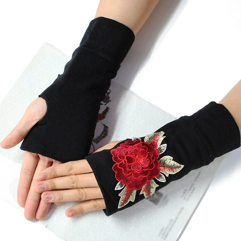 Ethnic Style Half-Finger Gloves for Women, Wrist Guard, Chinese Style Embroidered Half-Finger Gloves, Scar Concealing, Yang Liping Embroidery, Autumn and Winter Warmth, Thickened, Touchscreen Compatible
