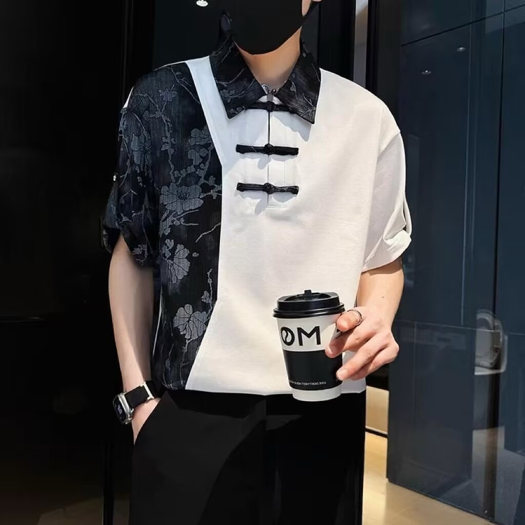 Polo de manga corta de estilo chino estrictamente seleccionado, camiseta holgada de verano para hombre, nueva tendencia 2024, camisa de media manga con botones de metal