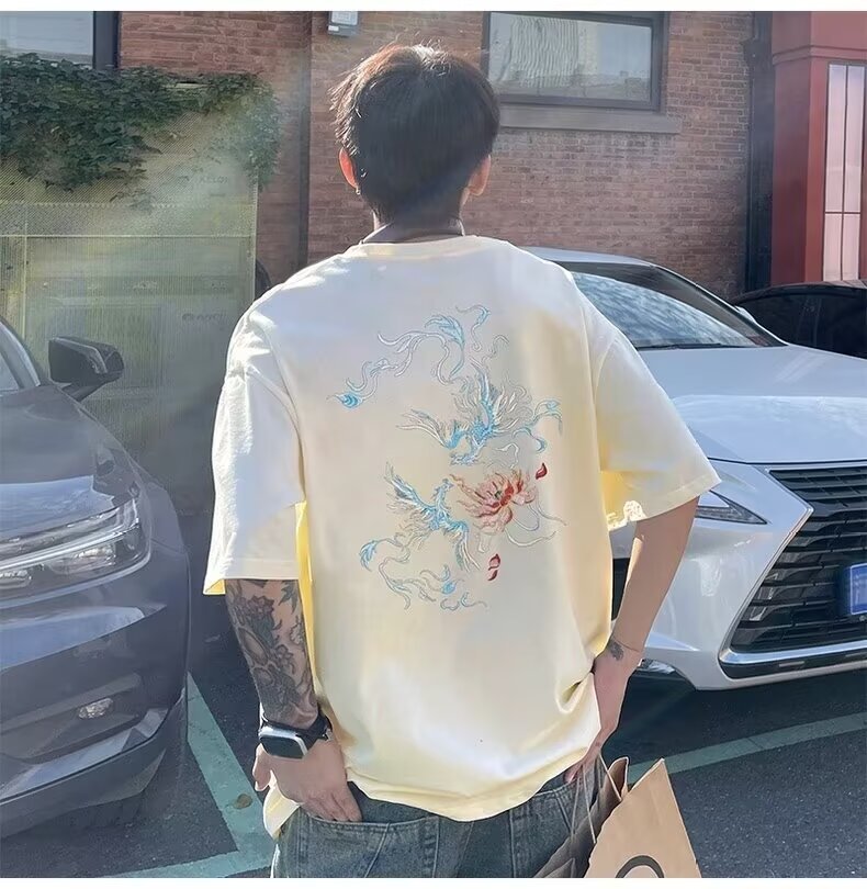 国潮中国风衣服白色纯棉短袖T恤男士宽松大码凤凰潮牌重磅半袖夏