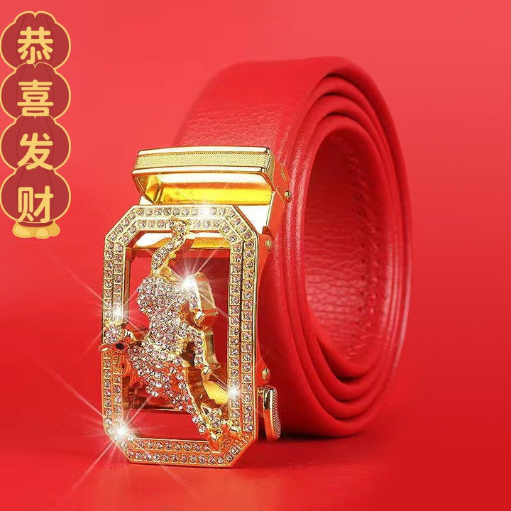 Cinturón del Zodiaco para Hombre: Piel Genuina, Hebilla Automática, Cinturón Rojo para el Año del Zodiaco, Ropa de Negocios e Informal, Regalo de Boda Perfecto