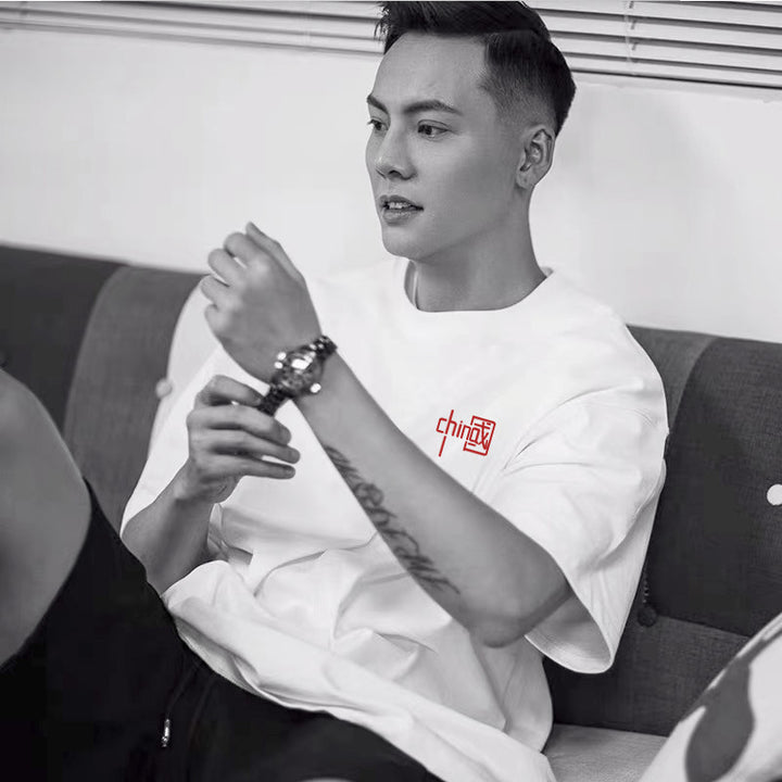 Camiseta de manga corta de moda Shawn Yue para hombre, holgada, de talla grande, de media manga, tendencia nacional, cuello redondo, de algodón blanco, parte inferior interior, de manga corta para hombre