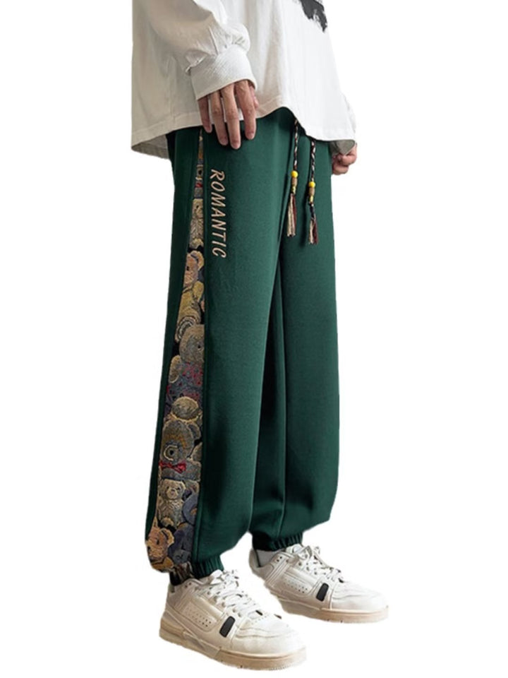Chinese-Style Bear Embroidery Cuffed Sweatpants for Men | 2023 New Autumn/Winter National Trend Casual Sports Pants