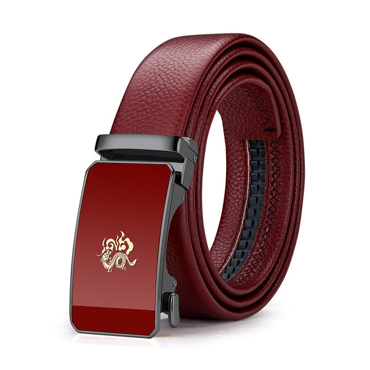 Cinturón de cuero para hombre Paul – Año del Dragón, hebilla automática del zodiaco, cuero genuino, color rojo, nuevo estilo 2024, regalo de boda, venta al por mayor