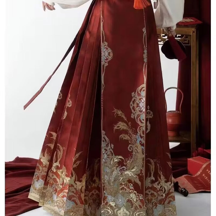 Traje de boda Hanfu chino | Conjunto de top bordado + falda Ma Mian + hombros Yun