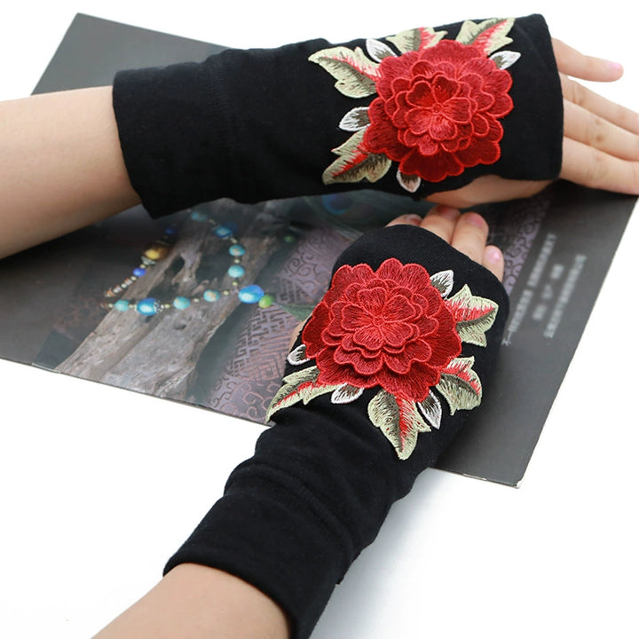 Ethnic Style Half-Finger Gloves for Women, Wrist Guard, Chinese Style Embroidered Half-Finger Gloves, Scar Concealing, Yang Liping Embroidery, Autumn and Winter Warmth, Thickened, Touchscreen Compatible