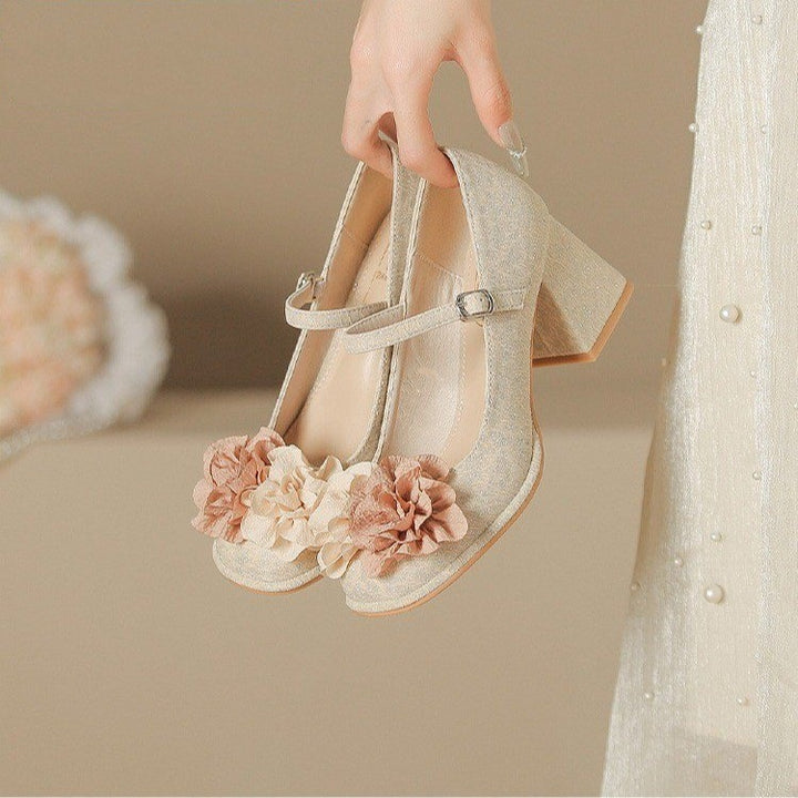Zapatos Mary Jane para mujer 2025, nuevos zapatos de estilo chino, sandalias de punta redonda con una sola tira para mujer, tacones gruesos, tacones altos de boca baja para mujer