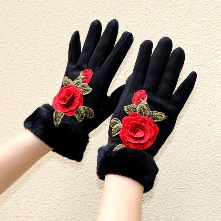 Guantes de dedos completos para mujer: diseño floral bordado étnico de Yunnan con ribete de piel sintética
