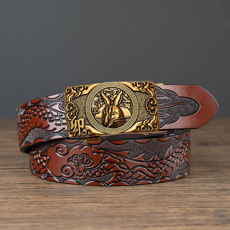 Nueva oferta: Cinturón con hebilla automática del zodiaco y grabado de dragón, de piel de vacuno de doble capa, moderno, informal y con un diseño atrevido.