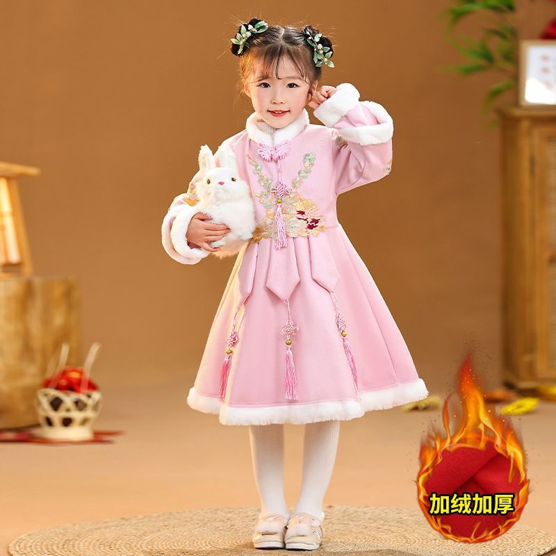 Hanfu de invierno para niña | Traje festivo con forro polar | Traje Tang estilo chino con falda Ma Mian | Ropa de invierno gruesa